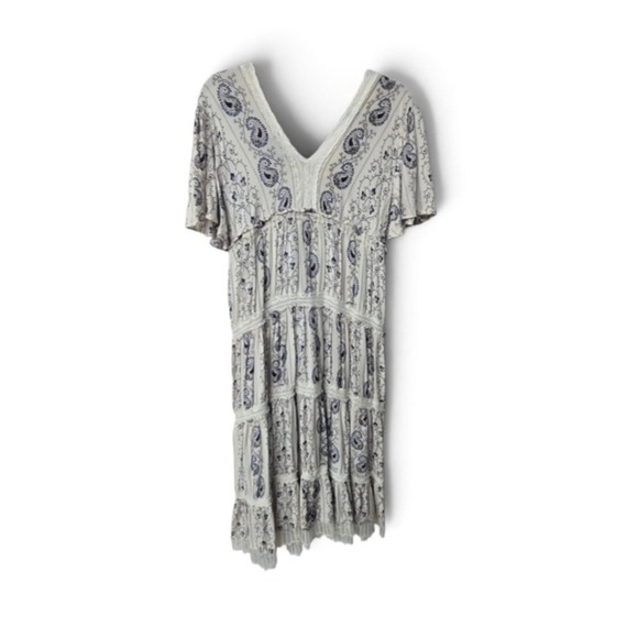 Angie Dresses & Skirts - Angie Midi Dress Large Cream Navy Paisley Crochet Lace Trim Tiered Boho Peasant